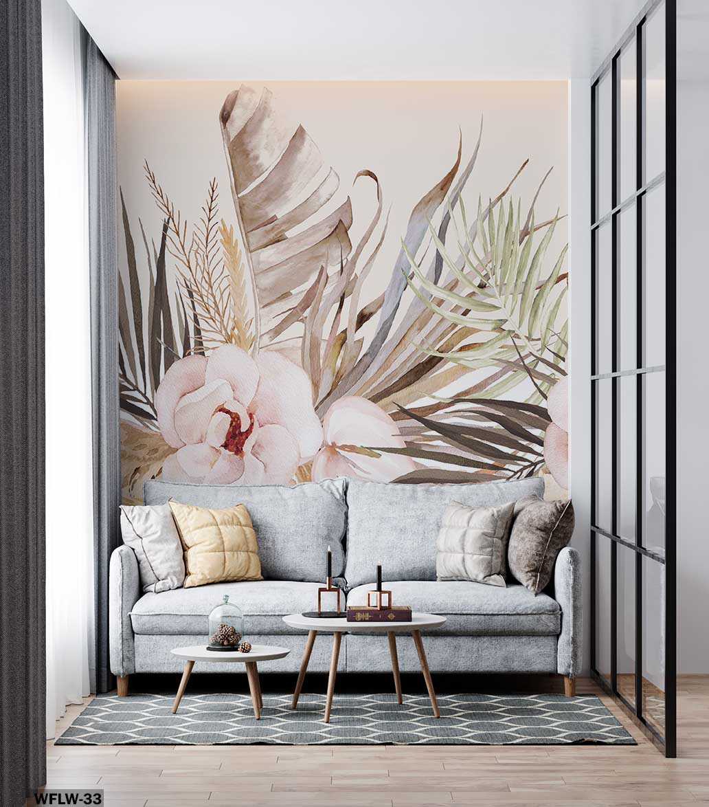ALIPRINT papier peint décoratif mural en algerie Salon élégant avec papier peint décoratif mural en Algérie. Design intérieur avec motif floral et ambiance tropicale pour une décoration murale unique.