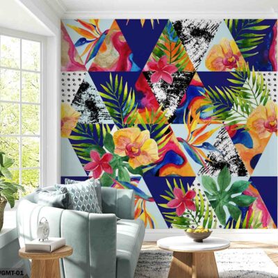 ALIPRINT Papier peint géométrique tropical coloré avec motifs de fleurs exotiques et feuillage vert, ajoutant une atmosphère vibrante et moderne au salon. Algerie