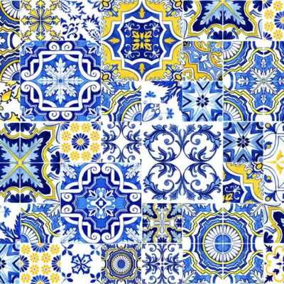 ALIPRINT Carreaux colorés en bleu et jaune, motifs fleuris et géométriques complexes, parfaits pour un papier peint décoratif et tendance. Algerie