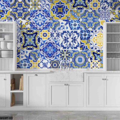 ALIPRINT Papier peint mosaïque bleu et jaune pour cuisine moderne, design élégant et motifs géométriques vivants. Idéal pour déco murale et ambiance colorée. Algerie