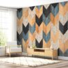 ALIPRINT Papier peint moderne à motifs de chevrons multicolores dans un salon lumineux avec chaise blanche, plante verte et meuble en bois. Algerie