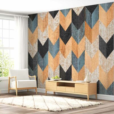 ALIPRINT Papier peint moderne à motifs de chevrons multicolores dans un salon lumineux avec chaise blanche, plante verte et meuble en bois. Algerie