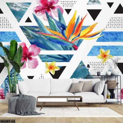 ALIPRINT Papier peint floral moderne avec motifs géométriques, fleurs tropicales colorées, intérieur salon élégant, style déco mural vibrant et artistique. Algerie