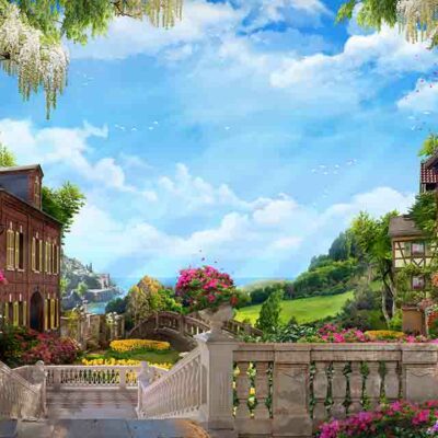 ALIPRINT Village pittoresque sous un ciel bleu, avec maisons traditionnelles, fleurs colorées et verdure luxuriante, idéal pour fond d'écran champêtre. Algerie