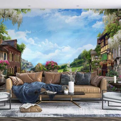 ALIPRINT Pont en bois sur un lac serein avec montagnes en arrière-plan, ciel nuageux au coucher du soleil, paysage pittoresque idéal pour le papier peint. Algerie