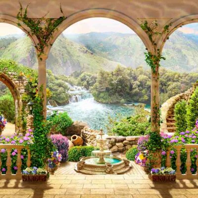 ALIPRINT Jardin idyllique avec fontaine, arches en pierre, montagnes et cascade. Paysage naturel enchanteur pour papier peint floral et décoratif. Algerie