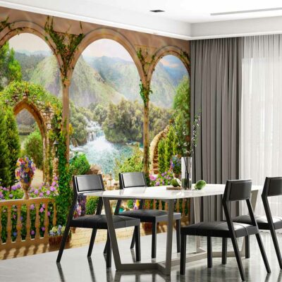 ALIPRINT Papier peint panoramique de paysage naturel, décor mural avec arches, fleurs et cascade, créant une ambiance luxuriante et apaisante dans la salle à manger. Algerie