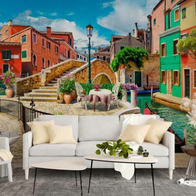 ALIPRINT Papier peint panoramique de Venise avec canaux et maisons colorées, idéal pour décoration intérieure, style méditerranéen enchanteur. Algerie