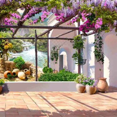 ALIPRINT Terrasse méditerranéenne ensoleillée avec pergola fleurie, pots en terre cuite et vue sur cascade, idéal pour papier peint mural naturel. Algerie