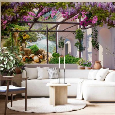 ALIPRINT Salon élégant avec papier peint panoramique, scène de jardin méditerranéen, cascade, fleurs colorées; ambiance naturelle et apaisante. Algerie