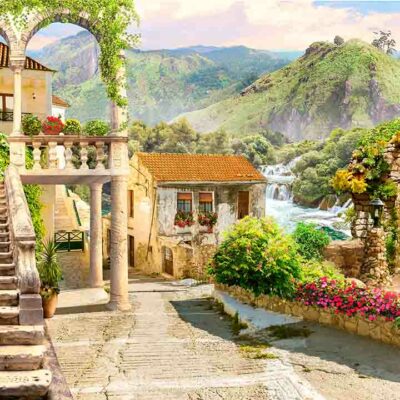 ALIPRINT Vieille ville méditerranéenne pittoresque, escaliers de pierre, arcs fleuris, montagnes verdoyantes, paysage serein, idéal pour papier peint mural. Algerie