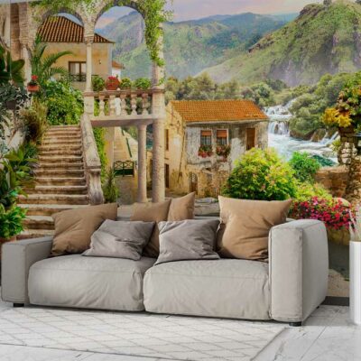 ALIPRINT Papier peint panoramique avec paysage méditerranéen, escalier en pierre, fleurs colorées et montagnes verdoyantes, ajoutant une touche naturelle au salon. Algerie
