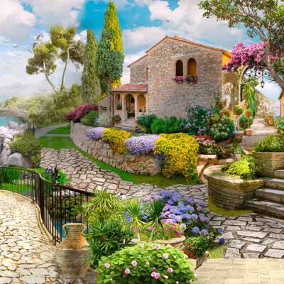 ALIPRINT Maison en pierre charmante avec jardin fleuri coloré et vue sur la mer, cadre idyllique parfait pour un paysage de fond de papier peint. Algerie