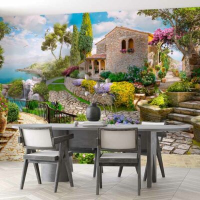 ALIPRINT Terrasse méditerranéenne ensoleillée avec pergola fleurie, pots en terre cuite et vue sur cascade, idéal pour papier peint mural naturel. Algerie