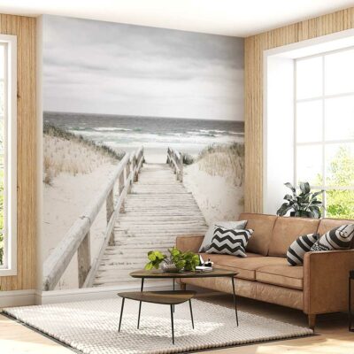 ALIPRINT Salon moderne avec papier peint de plage, promenade en bois menant à l'océan, décor élégant, ambiance sereine et lumineuse, style naturel. Algerie
