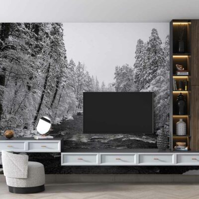 ALIPRINT Papier peint décoratif forêt enneigée, meuble moderne avec TV intégré et étagères éclairées, ambiance salon élégante et apaisante. Algerie