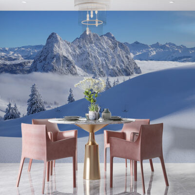 ALIPRINT Papier peint paysage montagne enneigée dans salle à manger moderne, avec chaises roses et table dorée, design intérieur élégant. Algerie