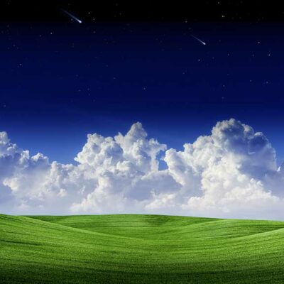 ALIPRINT Paysage serein avec collines vertes, ciel étoilé et nuages blancs, idéal pour fond d'écran naturel relaxant. Algerie