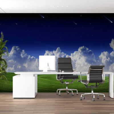 ALIPRINT Bureau moderne avec paysage mural ciel étoilé, nuages et prairie verte, chaise noire élégante et plante d'intérieur pour une ambiance naturelle. Algerie