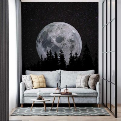 ALIPRINT Papier peint salon avec lune géante et forêt, créant une ambiance nocturne apaisante; idéal pour déco murale moderne. Algerie
