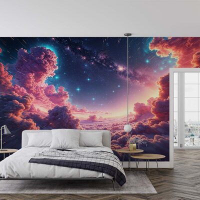 ALIPRINT Papier peint mural avec ciel étoilé et nuages colorés, créant une atmosphère céleste et relaxante dans la chambre moderne. Décoration intérieure unique. Algerie