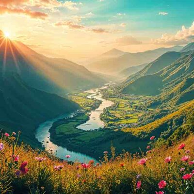 ALIPRINT Paysage montagneux au lever du soleil avec fleurs colorées et rivière sinueuse, idéal pour fond d'écran nature spectaculaire, ambiance apaisante. Algerie