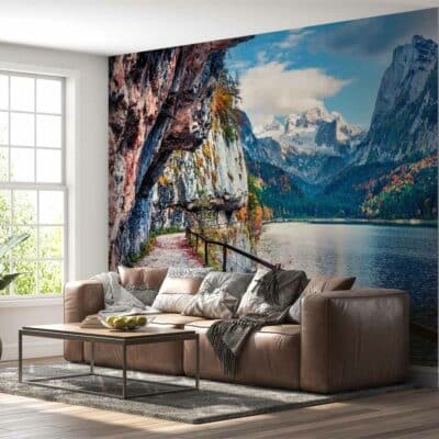 ALIPRINT Papier peint paysage relaxant avec lac paisible, montagnes majestueuses, et sentier pittoresque, décoration salon, ambiance nature apaisante. Algerie