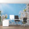 ALIPRINT Bureau moderne avec papier peint floral, fleurs blanches sur fond bleu, chaise et bureau design, ambiance lumineuse et élégante, décoration printanière. Algerie