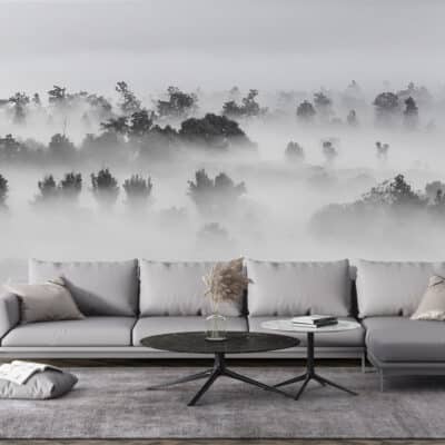 ALIPRINT Papier peint nature brumeuse forêt, décoration intérieure moderne, salon élégant, canapé gris, tendance design, ambiance apaisante. Algerie