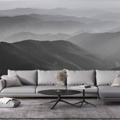 ALIPRINT Papier peint mural montagne noir et blanc, canapé moderne, salon élégant, décoration intérieure apaisante, style minimaliste. Algerie