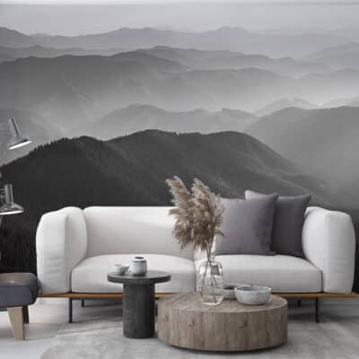 ALIPRINT Papier peint mural paysage montagne gris, salon moderne avec canapé blanc, fauteuil noir, fenêtre lumineuse, ambiance apaisante et élégante. Algerie