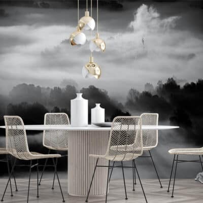 ALIPRINT Salle à manger moderne avec tapisserie forêt brumeuse, chaises en osier et table ronde élégante; décoration intérieure chic et apaisante. Algerie