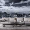 ALIPRINT Papier peint panoramique montagne, salon moderne, canapé gris, table basse, intérieur élégant, décoration murale immersive, style contemporain. Algerie