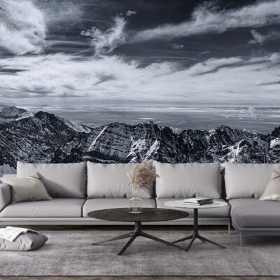 ALIPRINT Papier peint panoramique montagne, salon moderne, canapé gris, table basse, intérieur élégant, décoration murale immersive, style contemporain. Algerie