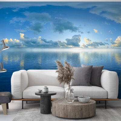ALIPRINT Salon moderne avec canapé blanc, table basse et fond de mur-peinture océan bleu ciel. Idéal pour papier peint paysage serein et décoration intérieure. Algerie