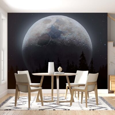 ALIPRINT Papier peint décoratif lunaire avec grande lune en arrière-plan, mobilier moderne, design intérieur élégant, idéal pour salon ou salle à manger. Algerie