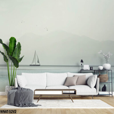 ALIPRINT Salon moderne avec papier peint bateau à voile sur mer calme, déco chic et plante verte. Idéal pour inspiration design intérieur apaisant. Algerie