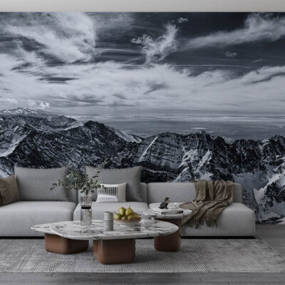 ALIPRINT Papier peint panoramique montagnes enneigées noir et blanc, design salon moderne avec canapé gris, chaise verte et table basse en marbre. Algerie