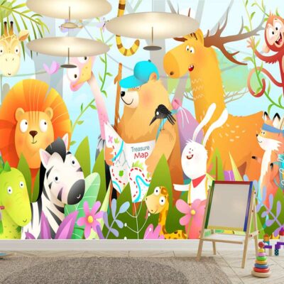 ALIPRINT papier peint décoratif mural en algerie Papier peint décoratif mural avec animaux de la jungle pour chambre d'enfant. Tableau joyeux et coloré, idéal pour une décoration murale unique en Algérie. Thème nature et ludique.