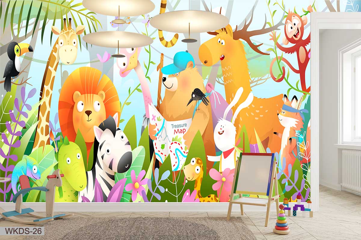 ALIPRINT papier peint décoratif mural en algerie Papier peint décoratif mural avec animaux de la jungle pour chambre d'enfant. Tableau joyeux et coloré, idéal pour une décoration murale unique en Algérie. Thème nature et ludique.