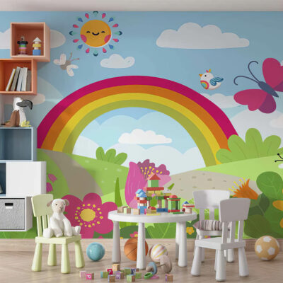 ALIPRINT papier peint décoratif mural en algerie Tableau et papier peint décoratif mural Algérie pour chambre d'enfant. Motif joyeux avec arc-en-ciel, soleil, fleurs et animaux. Déco murale idéale.