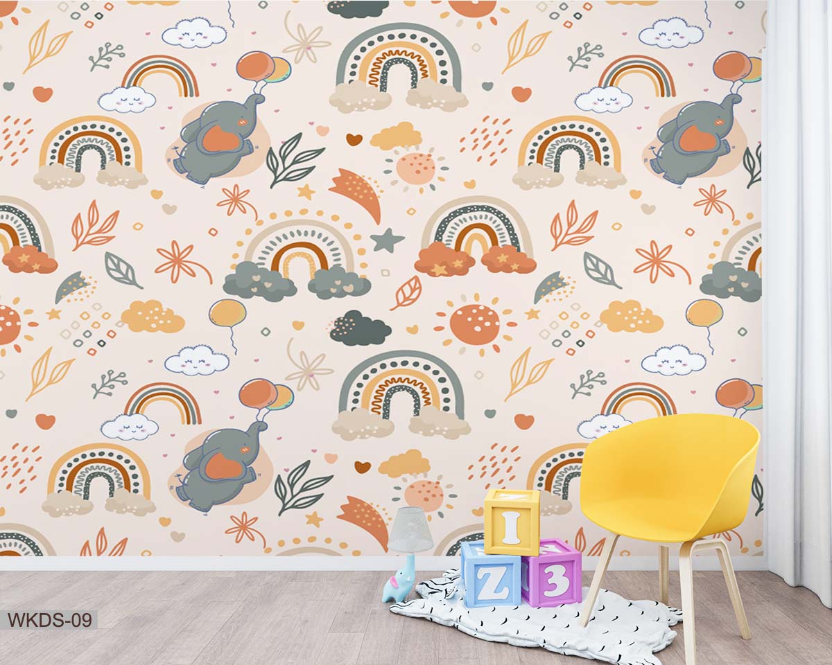 ALIPRINT papier peint décoratif mural en algerie Papier peint décoratif pour chambre d'enfant en Algérie. Motifs ludiques avec arcs-en-ciel, éléphants et nuages. Idéal pour une décoration murale originale et personnalisée.