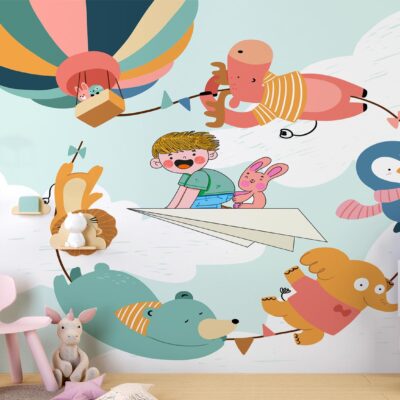 ALIPRINT papier peint décoratif mural en algerie Tableau et papier peint décoratif mural pour chambre enfant en Algérie. Motifs joyeux avec animaux mignons et garçon en avion papier. Décoration murale ludique et colorée.