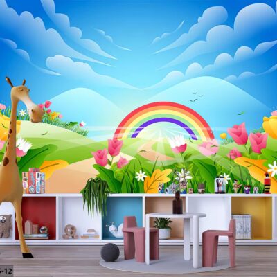 ALIPRINT papier peint décoratif mural en algerie Tableau décoratif mural pour chambre d'enfant en Algérie. Design coloré avec girafe, arc-en-ciel et fleurs. Idéal pour papier peint décoratif, ambiance joyeuse.