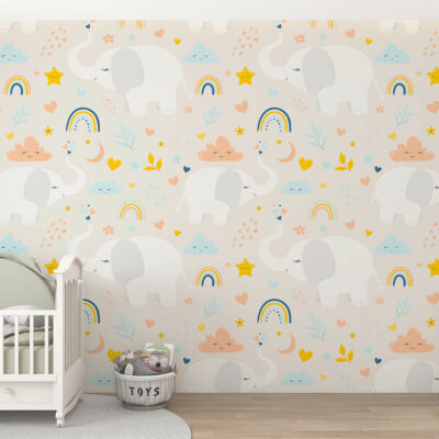 ALIPRINT papier peint décoratif mural en algerie Papier peint décoratif mural Algerie avec motifs d'éléphants, nuages et arc-en-ciel pour chambre d'enfant. Tableau mural adorable pour une décoration douce et originale.