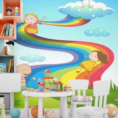 ALIPRINT papier peint décoratif mural en algerie Tableau décoratif mural pour chambre d'enfant en Algérie : motifs arc-en-ciel et personnages joyeux. Embellissez la chambre avec ce papier peint mural unique et coloré.
