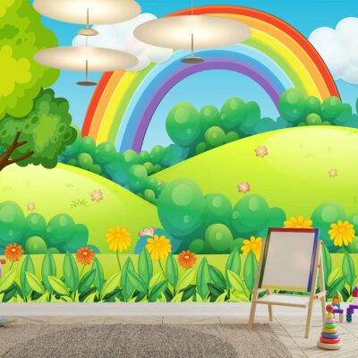 ALIPRINT papier peint décoratif mural en algerie Tableau décoratif mural avec motif de paysage enfantin, arc-en-ciel et nature, idéal pour une chambre d'enfant en Algérie. Papier peint mural coloré et joyeux.
