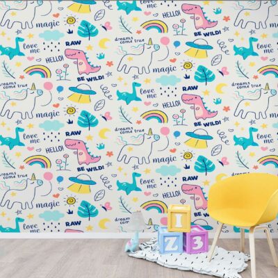 ALIPRINT papier peint décoratif mural en algerie Papier peint décoratif mural pour chambre d'enfant en Algérie. Motifs licornes, dinosaures et éléments magiques. Idéal pour une décoration murale unique et personnalisée.