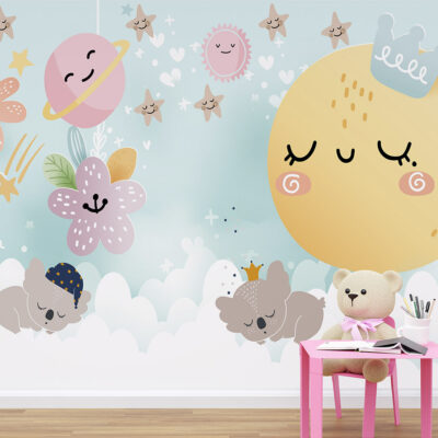 ALIPRINT papier peint décoratif mural algerie Tableau décoratif mural chambre enfant Algérie : Koalas, lune souriante, étoiles. Papier peint design original pour une décoration murale unique. papier peint décoratif mural algerie