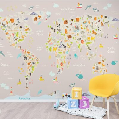 ALIPRINT papier peint décoratif mural algerie Tableau décoratif mural pour chambre d'enfant : carte du monde illustrée avec des animaux. Idéal pour une décoration murale éducative et ludique en Algérie. Papier peint de qualité. papier peint décoratif mural algerie